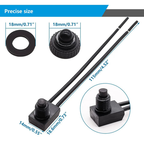 Five Pack 12V Waterproof Push Button Switches For RVs Motorcycles And Cars SPST On Off Leads At Four Point Five Inches For Quick Hookups Rectangular Base Seventeen By Fourteen Mm With A Three Eighth Inch Mount Hole Built Tough For DC Power Projects. size diagram with 18mm hole, 115mm leads, and 17x14mm rectangular switch base