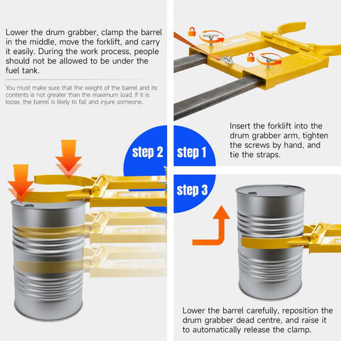 Step-by-step guide for Heavy Duty Dmc Drum Grabber With 1500 Lbs Capacity Single Fork Mounted Design and Hinged Folding Arms.