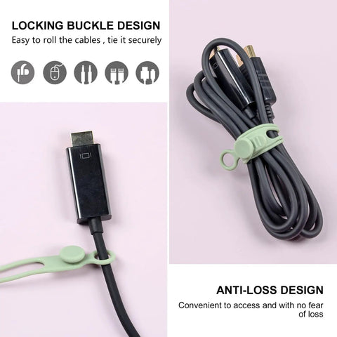 30 Pack Silicone Cable Ties Set, Reusable Elastic Wire Ties For Cables And Electronics, shown securing charging cables