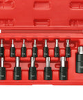 13 Piece Torx Bit Socket Set For 1/4 Inch, 3/8 Inch, And 1/2 Inch Drives T8 To T60 displayed in red storage case