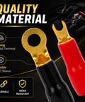 Heavy Duty 4 Gauge Speaker Wire Crimp Terminals With Fork And Round Ends Plus No Hassle Heat Shrink Sleeves, showcasing brass terminals with PVC sleeves.