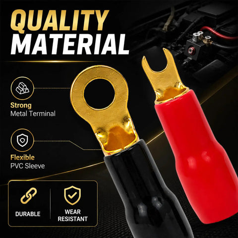 Heavy Duty 4 Gauge Speaker Wire Crimp Terminals With Fork And Round Ends Plus No Hassle Heat Shrink Sleeves, showcasing brass terminals with PVC sleeves.