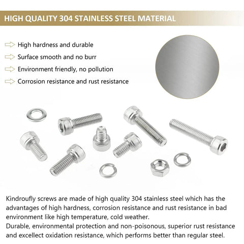 304 Stainless Steel Hex Socket Head Cap Screw Set 212 Pieces M5 Lengths 6 8 12 16 20 25 30mm Includes Nuts Lock Washers Flat Washers Fully Threaded All Purpose Kit shown with screws and washers displayed.