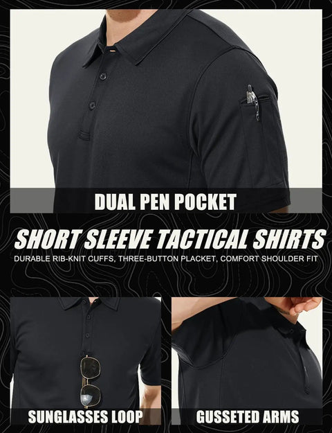 Men's Black Quick-Dry Polo Shirt For Work And Tactical Use, featuring dual pen pocket and sunglasses loop.