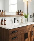 Modern bathroom with wooden cabinets featuring Six Pack Black ABS Plastic Peel And Stick Cabinet Handles for easy installation