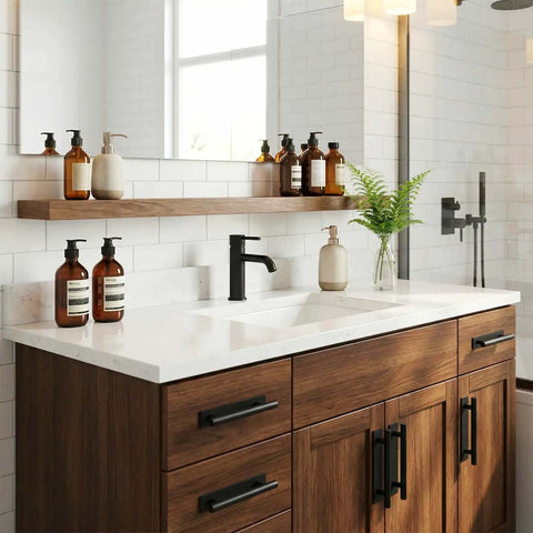 Modern bathroom with wooden cabinets featuring Six Pack Black ABS Plastic Peel And Stick Cabinet Handles for easy installation