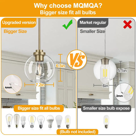Comparison image illustrating MQMQA 2 Pack Globe Pendant Lights, showing upgraded size versus regular size for bulb fitting.