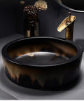 USZWBY Round Bathroom Vessel Sink with Faucet Combo 16.1" Art Wash Basin for Countertop Vanity with artistic black glaze.