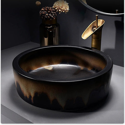 USZWBY Round Bathroom Vessel Sink with Faucet Combo 16.1" Art Wash Basin for Countertop Vanity with artistic black glaze.