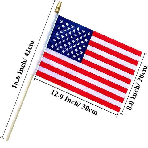 12 Pack 8x12 Inch All American Flags On Sticks With Wood Poles And Kid Safe Spear Tops for parades and patriotic displays.