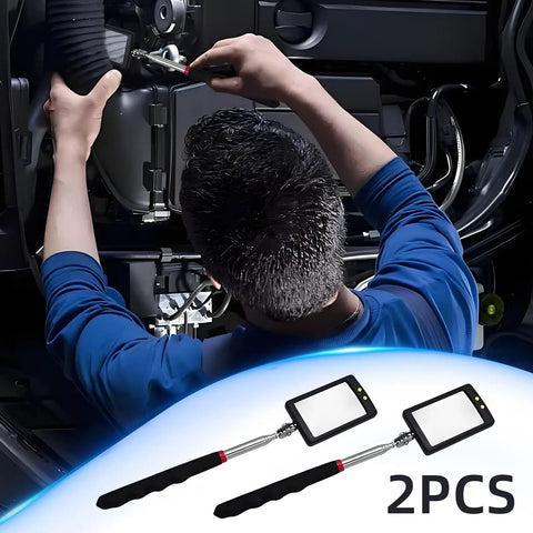 Two Pack Telescoping Lighted Inspection Mirror With 34.5 Inch Extendable Handle 360 Degree Rotating Mirror Tool On A Stick For Gearheads Home Inspectors Auto Pros And DIY Car Care used by mechanic.