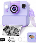 Purple Kids Camera With Instant Print And Flip Lens, 1080P HD Video, Inkless Pocket Digital Camera For Kids Ages 3 To 12, USB cable, 3 rolls paper, 32GB card