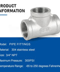 4 Pack 304 Stainless Steel Tee Pipe Fittings 3/4 Inch X 3/4 Inch X 3/4 Inch NPT Female Thread Adapters, corrosion resistant.