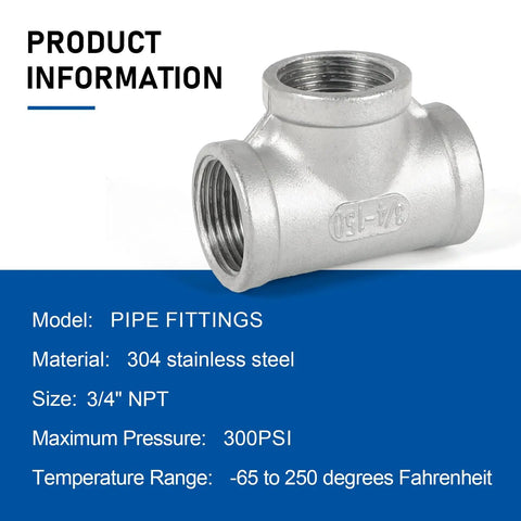4 Pack 304 Stainless Steel Tee Pipe Fittings 3/4 Inch X 3/4 Inch X 3/4 Inch NPT Female Thread Adapters, corrosion resistant.