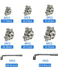 Heavy Duty T Bolt Hose Clamps Kit, 28 Piece Six Size Assortment, Range 17 to 35mm, 304 Stainless Steel Clamps displayed with wrenches