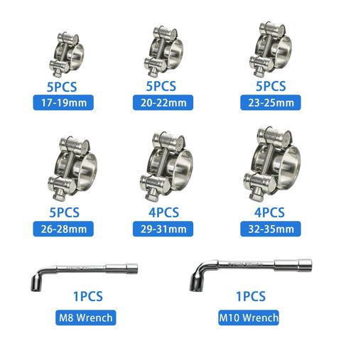 Heavy Duty T Bolt Hose Clamps Kit, 28 Piece Six Size Assortment, Range 17 to 35mm, 304 Stainless Steel Clamps displayed with wrenches