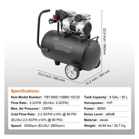 Compact Portable Air Compressor 8 Gallon Oil Free Pump Delivers Reliable 90 PSI Output For Industrial Factory Use Quiet Operation Ensures Consistent Performance And Long Durability Great For Workshops And Professional Tasks