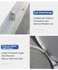 Close-up of lock and hinge on Stainless Steel Outdoor Manhole Cover With Lock For Driveway And Garden Anti Theft Septic Lid 50 Cm 20 Inch