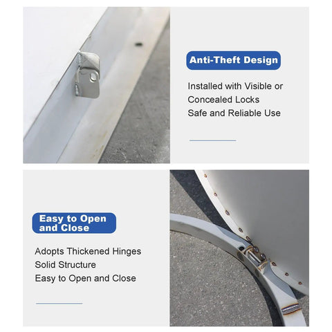 Close-up of lock and hinge on Stainless Steel Outdoor Manhole Cover With Lock For Driveway And Garden Anti Theft Septic Lid 50 Cm 20 Inch