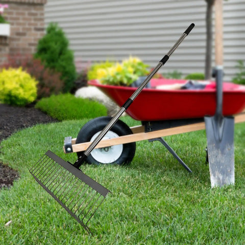 Rugged Heavy Duty Lawn Rake With Splicing Handle And 21 Tine Design For Effortless Debris Cleanup Leaves Thatch And Grass Clippings Ergonomic Rake 40 Cm Wide And 125 Cm Extendable Three Section next to wheelbarrow on lawn