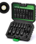 Open case showing 13 Piece Magnetic Tap Socket Set With 1/4 and 3/8 Inch Drive Square Sockets And Tap Handle for DIY projects.