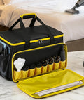 Heavy Duty Steam Cleaner Storage Tote With Flexible Slots For Holding Every Wand Filter And Spray Nozzle in black and yellow.