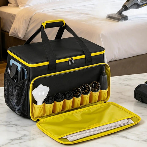 Heavy Duty Steam Cleaner Storage Tote With Flexible Slots For Holding Every Wand Filter And Spray Nozzle in black and yellow.