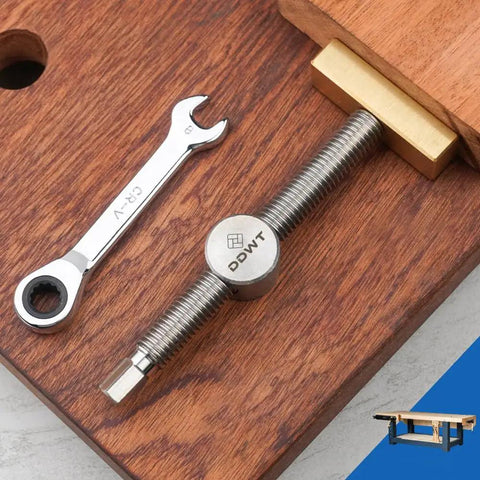 Adjustable Workbench Dog Clamp For Three Quarters Inch Holes Fits 19mm Posts Stainless Steel With Brass Adjustable Stop Keeps Workpieces Secure On Top Or At The Edge For Woodworking Be A Workhorse on workbench with wrench
