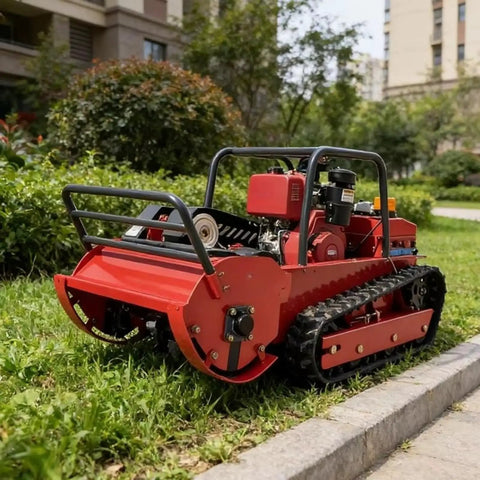 Remote Control Lawn Mower For Hills And Slopes A Rugged Tracked Grass Cutter with red tracks on grassy terrain