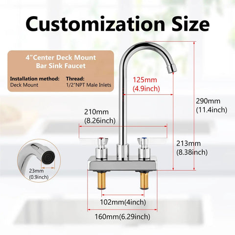 Slick Polished Chrome Bar Sink Faucet Featuring A Solid Four Inch Centerset Spout Rising Eight Point Three Inches Crafted From Tough SUS304 Steel With Zero Fuss Operation For Laundry Bar Cabinet Or Rv Setup That Really Stands Out with size dimensions.