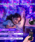 Child asleep with Galaxy Projector Night Light With Bluetooth Speaker And White Noise, remote and starry sky projection on wall.