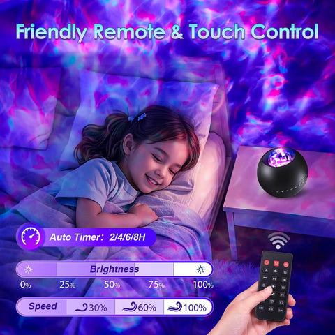 Child asleep with Galaxy Projector Night Light With Bluetooth Speaker And White Noise, remote and starry sky projection on wall.