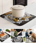 Dish Drying Mat With Abstract Flowers In White For Kitchen Counter Must Have Absorbent Microfiber Surface With Cushioned Drying Layer Machine Washable Vintage Wood Grain Look 16 By 18 Inches with kitchen items