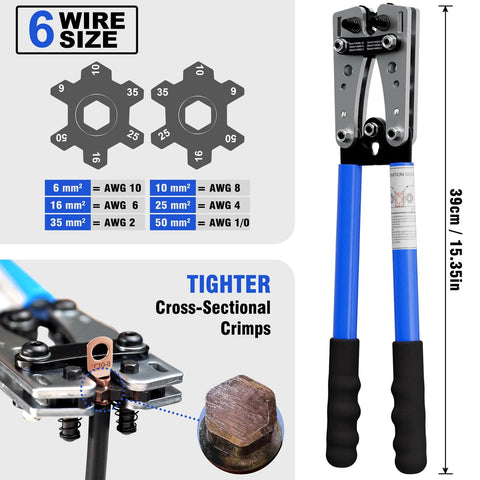 Battery Cable Lug Crimping Tool Set For AWG 10 Up To One Zero With Rotating Die And High Precision Jaws, blue handles