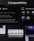 Thunderbolt 5 Docking Station With NVMe M.2 SSD Slot And 140W Power Delivery, 13-in-1 TB5 Hub compatibility overview with laptop features.