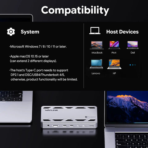 Thunderbolt 5 Docking Station With NVMe M.2 SSD Slot And 140W Power Delivery, 13-in-1 TB5 Hub compatibility overview with laptop features.