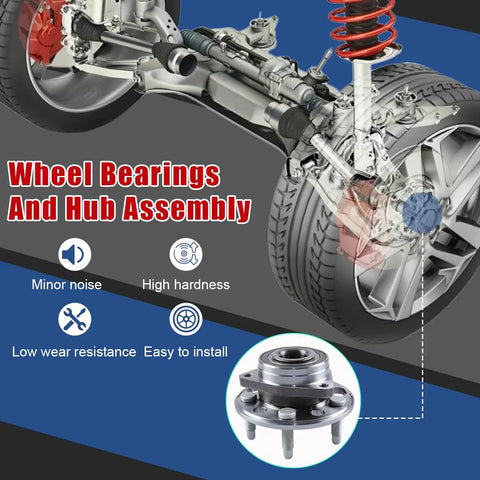 Pair Of Front Wheel Bearing Hub Assemblies 513288 Straight Swap Oem Fit For Buick Regal LaCrosse Chevy Equinox Impala Cadillac Cts Xts close-up view of hub assembly with wheel.