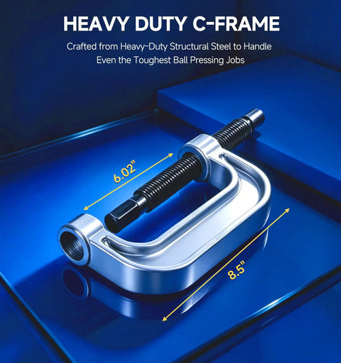 Close-up of heavy-duty C-frame in 10 Piece Ball Joint Press Kit And Heavy Duty Removal Tool with measurements in blue background.
