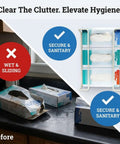 Before and after using Hella Handy Wall Mount Glove And Tissue Wire Rack Dispenser; messy counter vs tidy wall display for three boxes.
