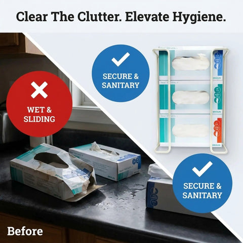 Before and after using Hella Handy Wall Mount Glove And Tissue Wire Rack Dispenser; messy counter vs tidy wall display for three boxes.