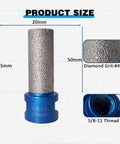 Image showing 3 Pcs 2 Inch Diamond Beveling Chamfer Bits With 5/8-11 Thread Adapter detailing dimensions and grit for shaping tasks.