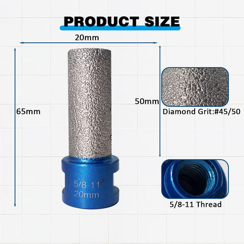 Image showing 3 Pcs 2 Inch Diamond Beveling Chamfer Bits With 5/8-11 Thread Adapter detailing dimensions and grit for shaping tasks.