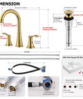 Widespread Double-Handle Bathroom Faucet In Brushed Nickel With Metal Pop Up Drain, dimension details and installation parts.