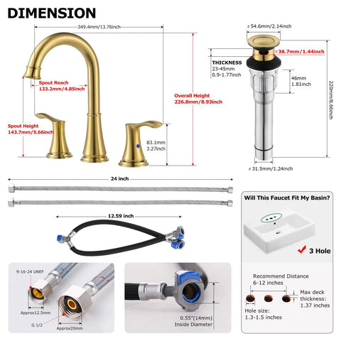 Widespread Double-Handle Bathroom Faucet In Brushed Nickel With Metal Pop Up Drain, dimension details and installation parts.