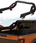Heavy Duty Universal Truck Bed Roll Bars Adjustable Sport Chase Rack For Midsize Pickup Rigs, black steel construction visible on pickup truck.