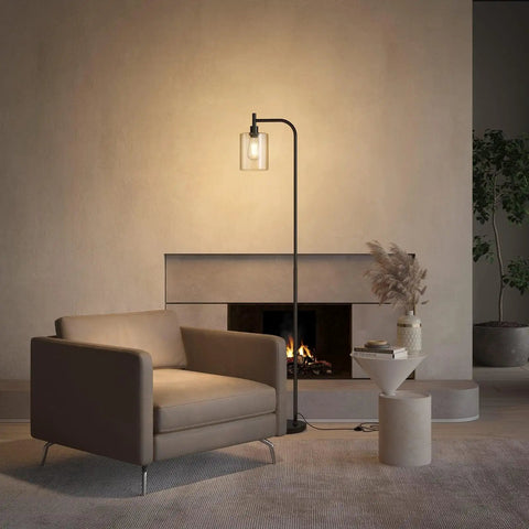 Bright Floor Lamp For Living Room With Glass Shade And LED Bulbs Industrial Tall Pole Standing Lamp For Bedroom Or Office Black Finish Modern
