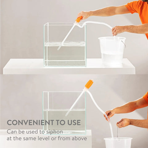Luigi's Siphon Pump with orange handle and clear tubing, side view transferring water from tank to bucket.