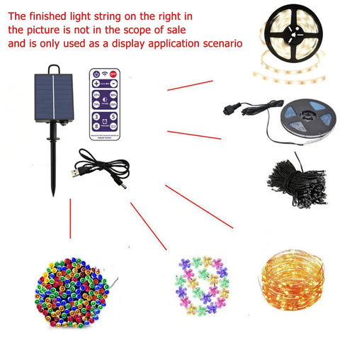 Components of Solar Battery Box For Outdoor LED String Lights With DC Charging And Remote Control, including solar panel and control.