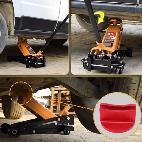 Magnetic Jack Pad For Cars And SUVs in use with grooved aluminum pinch weld jack adapter on floor jack