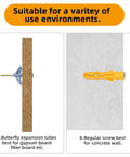 Installation guide showing butterfly expansion tubes for gypsum board and regular screws for concrete walls.